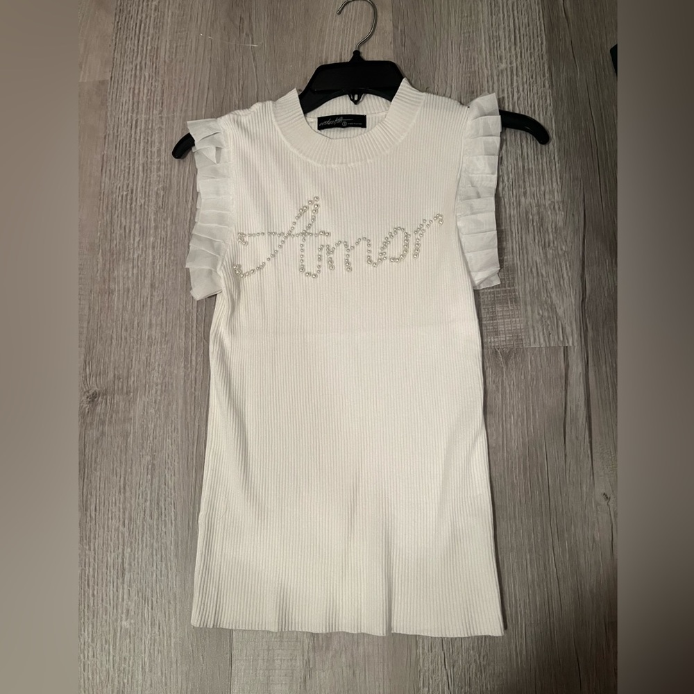 “amor” love pearl embellished sweater tank with ruffle